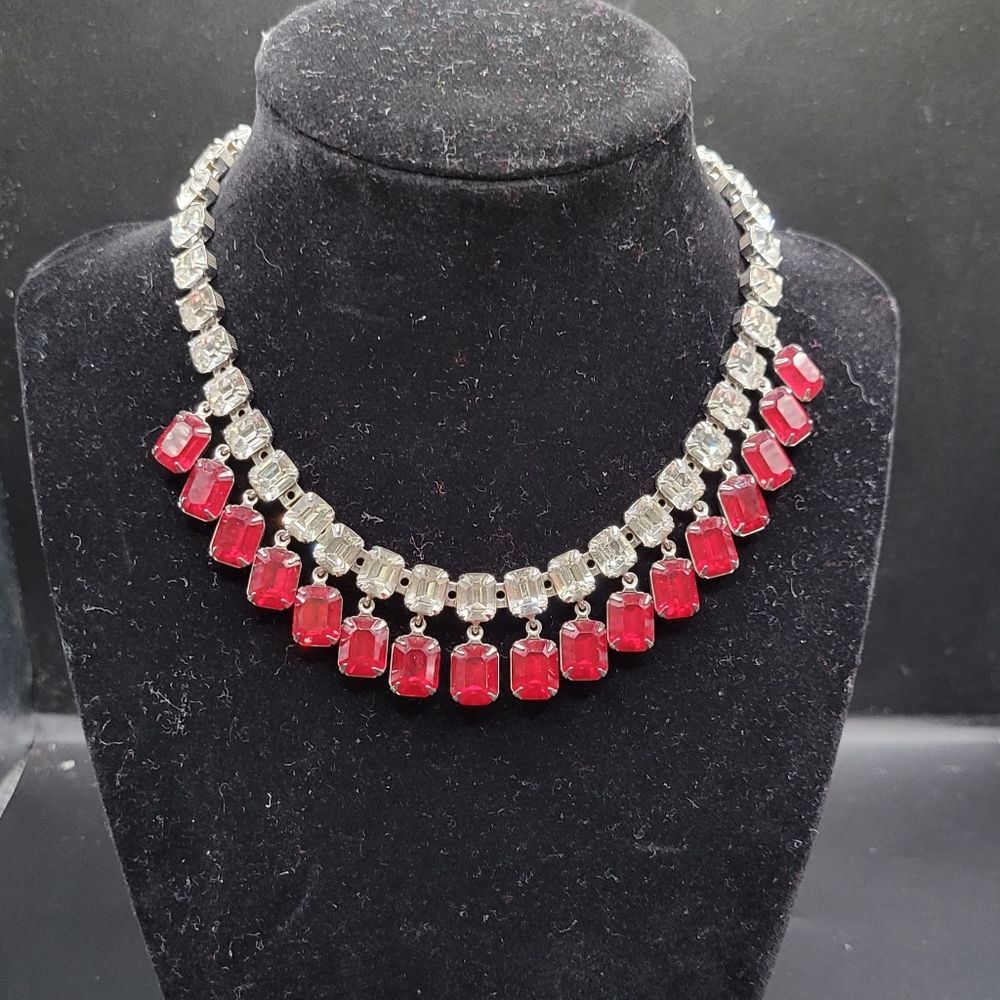 Vintage Silver tone Clear Pink Glass Dangle Choker necklace - Picture 2 of 14
